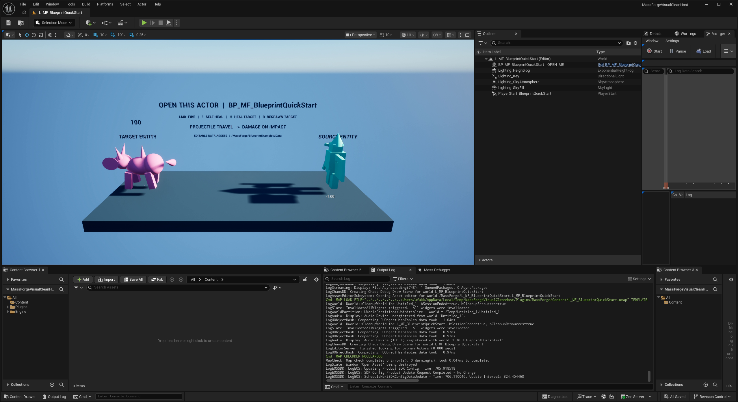 Authored Blueprint Quick Start map before Play, with the teaching Blueprint, source and target presentation, labels, Player Start, and lighting actors visible in the Outliner