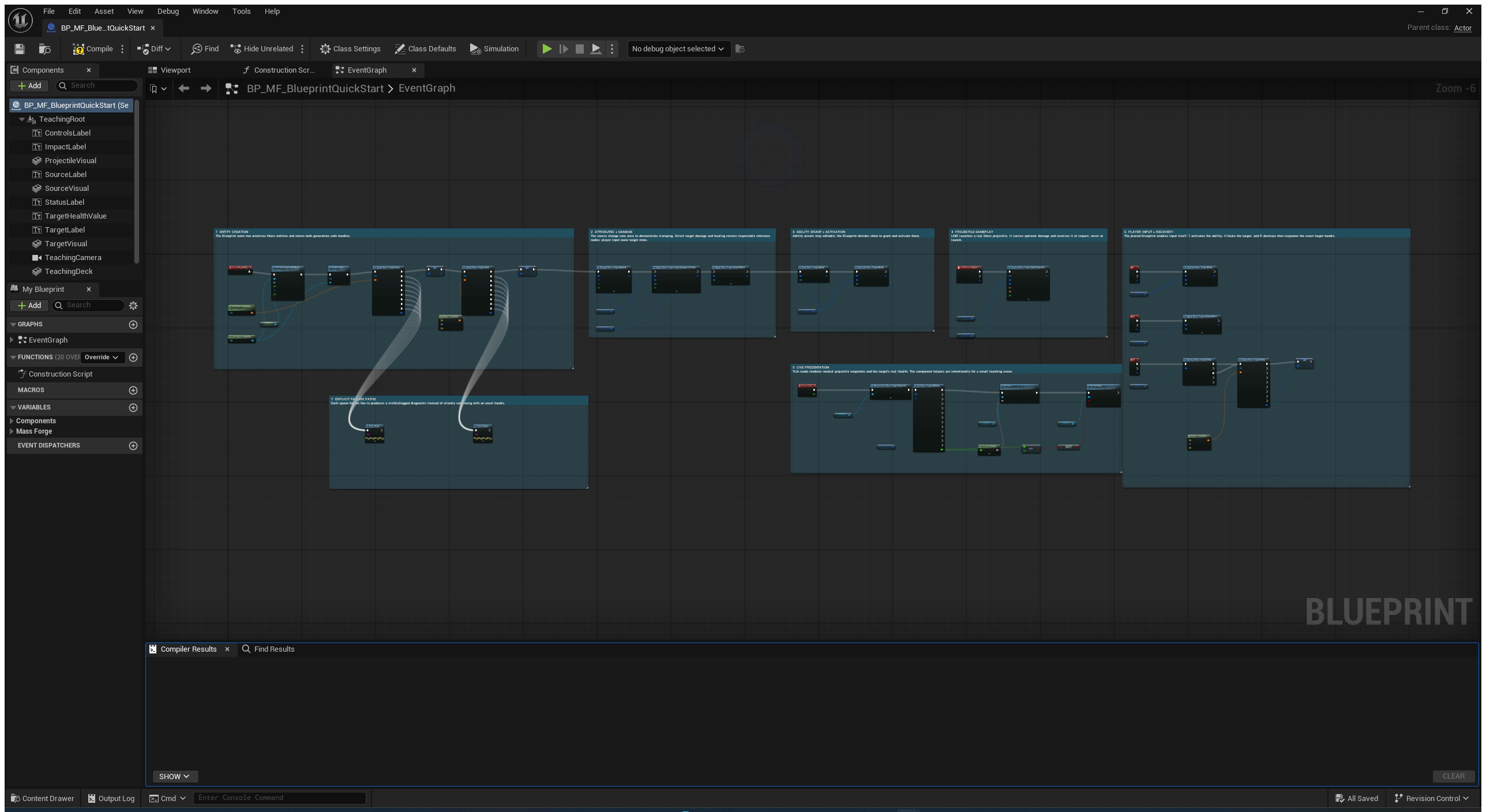 Complete Blueprint Quick Start Event Graph with seven numbered stations for entity creation, combat, abilities, projectiles, live presentation, input recovery, and explicit failures