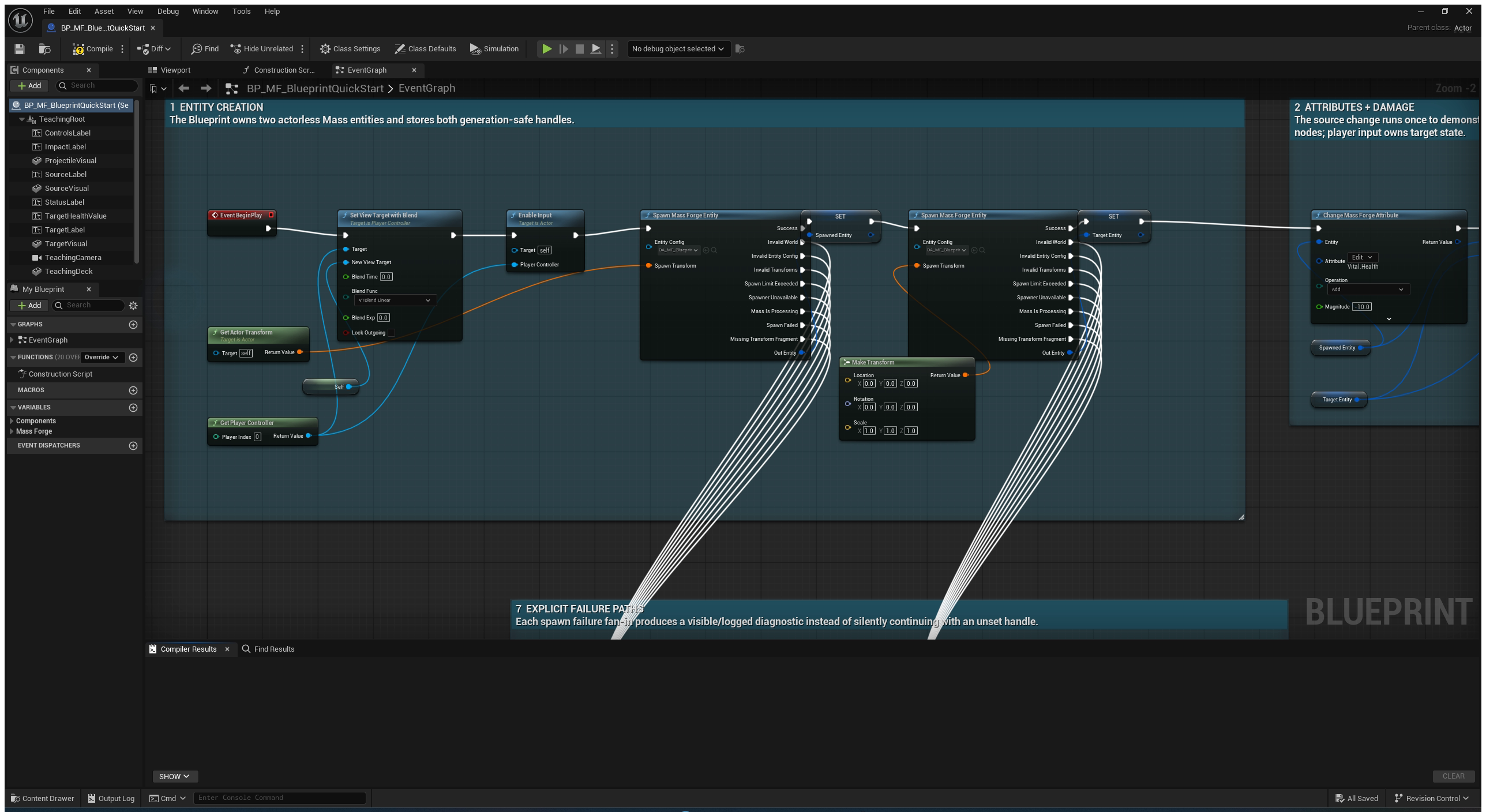 Blueprint Quick Start station 1 creating source and target actorless Mass entities and storing both returned handles