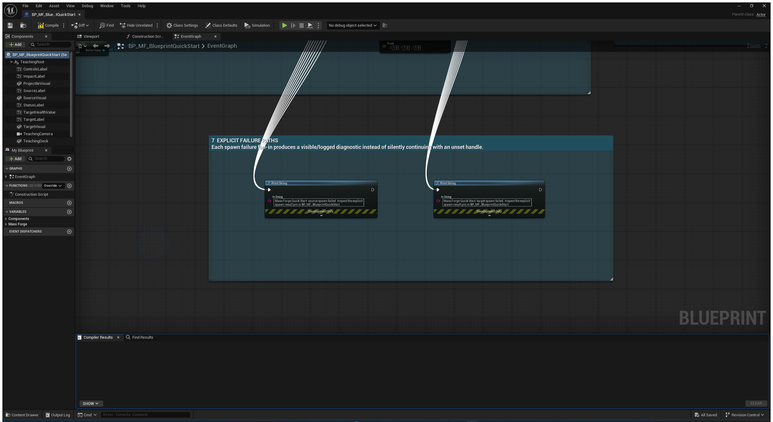 Blueprint Quick Start station 7 showing explicit source and target spawn-failure diagnostics