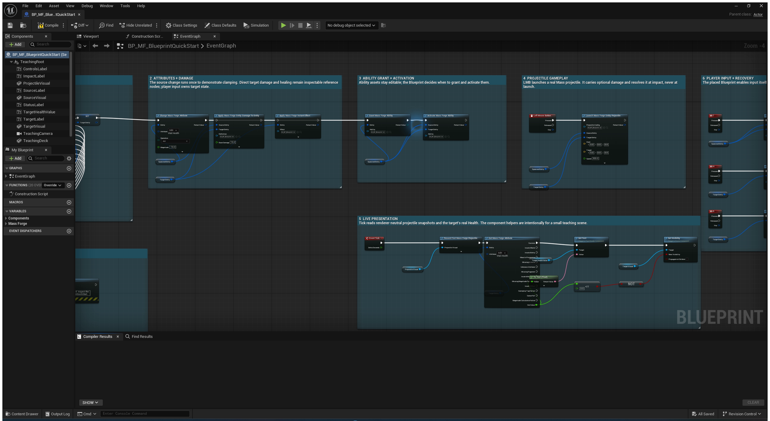 Blueprint Quick Start stations 2 through 4 showing attributes and damage, ability grant and activation, and projectile launch