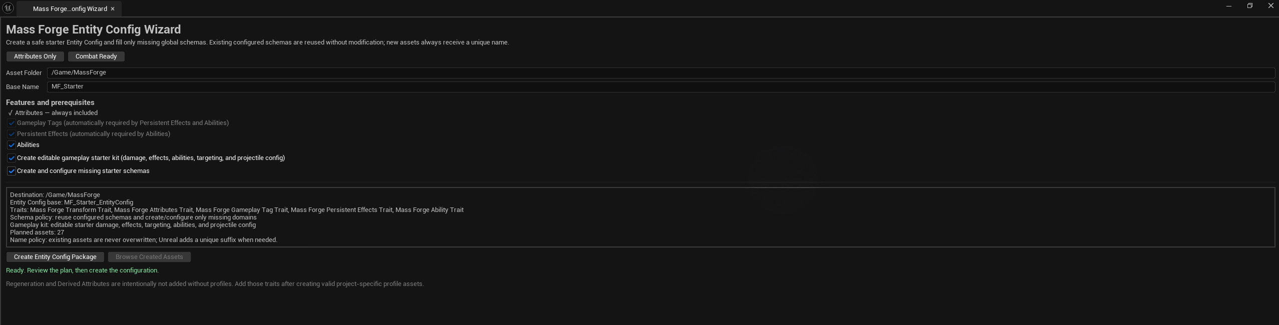 Mass Forge Entity Config Wizard showing the Combat Ready preset, dependency-safe traits, starter schemas, and editable gameplay starter kit options