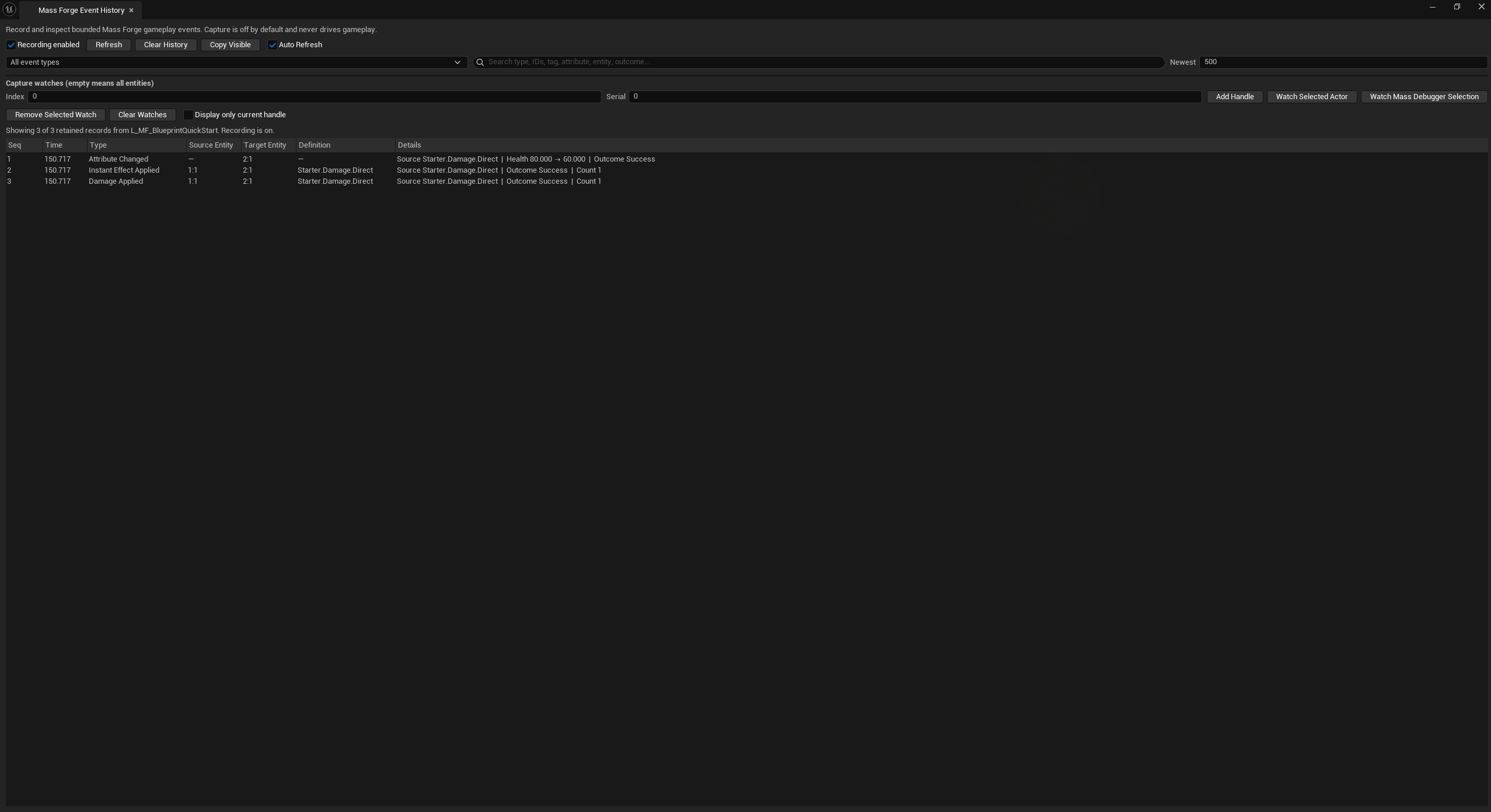 Mass Forge Gameplay Event History recording the attribute change, Instant Effect, and damage events produced by one resolved projectile impact