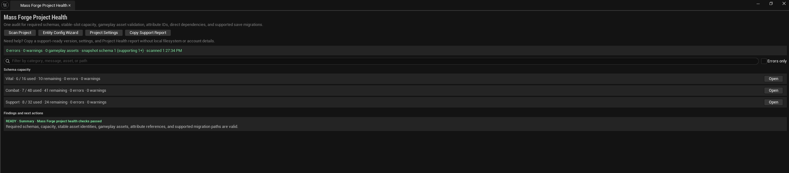 Mass Forge Project Health showing a clean scan with configured schema capacity and no errors or warnings