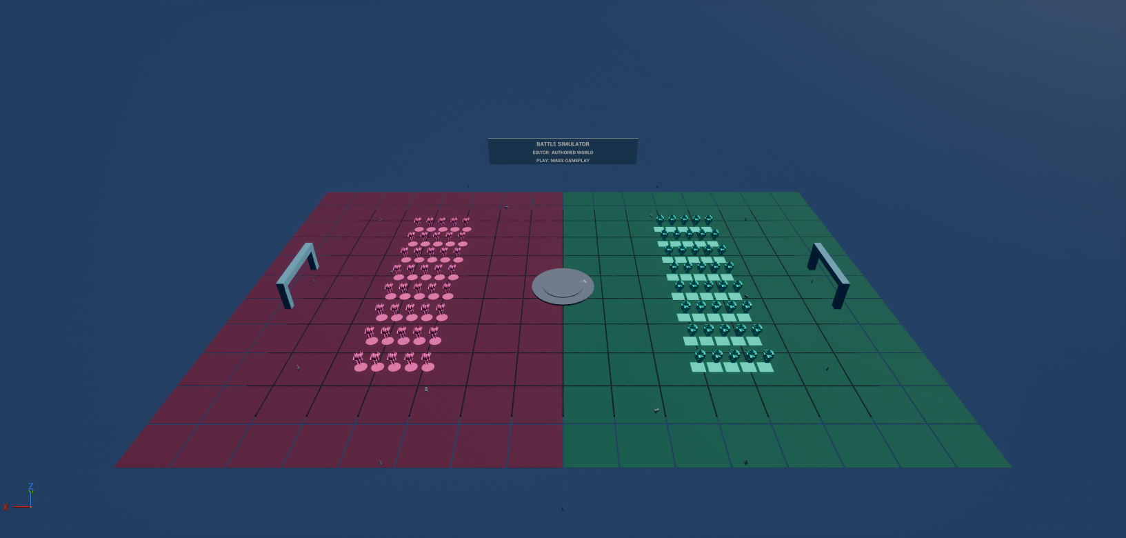 Battle Simulator authored world showing opposing deployment zones and distinct formations