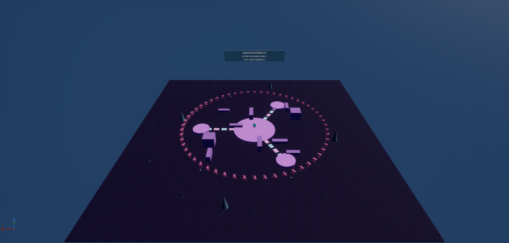 Survivor Roguelite authored world showing the central arena, three radial routes, wells, obstacles, and enemy perimeter
