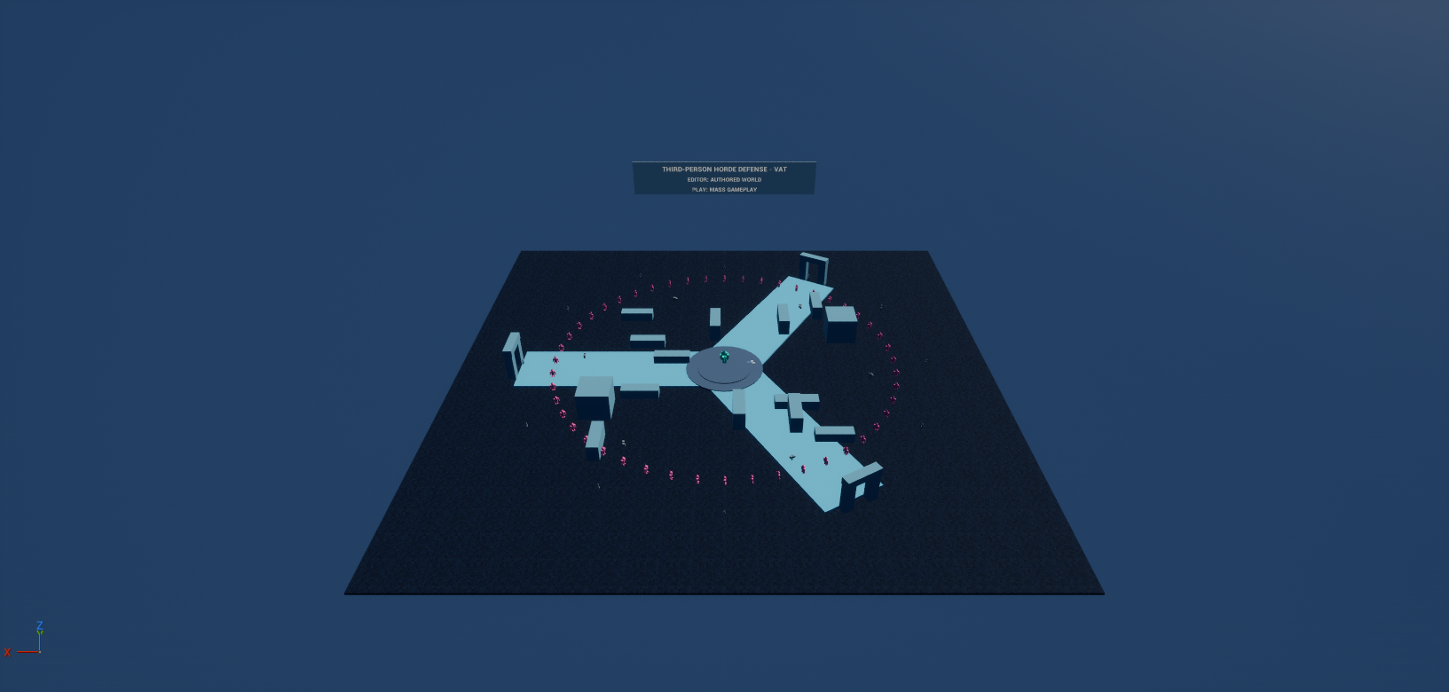 VAT Horde Defense authored world using the same arena and gameplay composition as the skeletal version