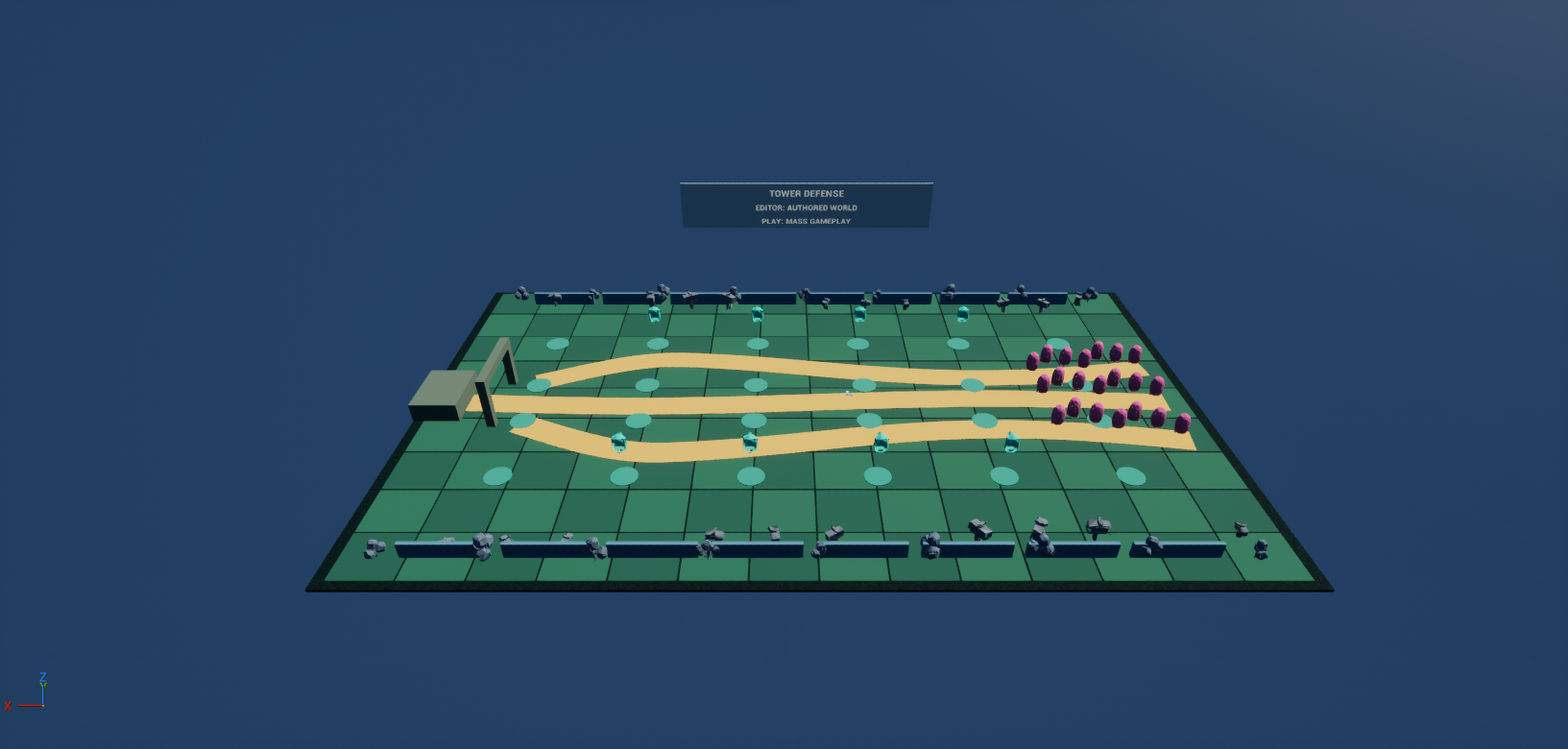 Tower Defense authored world showing three routes, build pads, staged enemies, base, and teaching panel