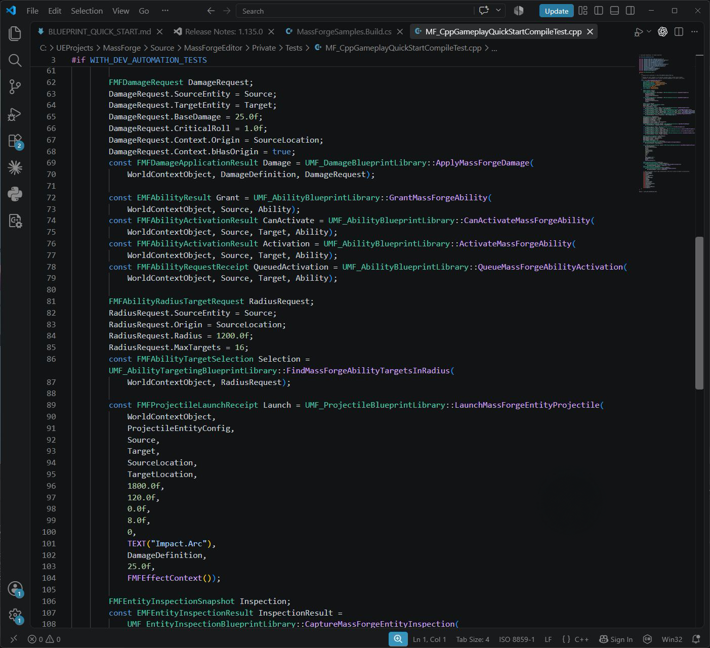 Visual Studio Code showing bounded radius target selection followed by a Mass Forge entity-projectile launch with source, target, trajectory, cue, damage definition, and effect context