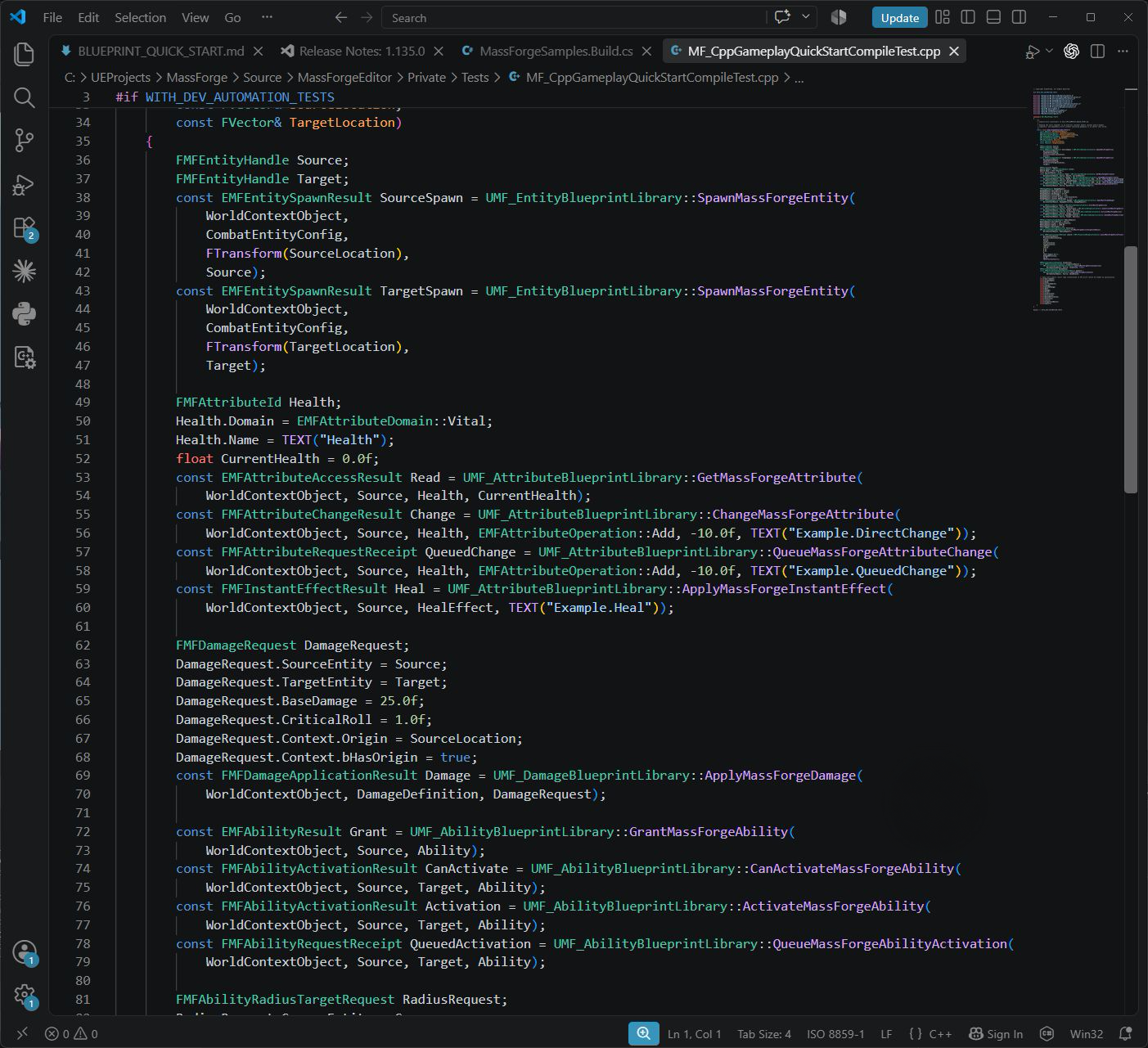 Visual Studio Code showing attribute read and direct or queued change calls, a reusable Instant Effect, deterministic damage, ability admission, and queued activation