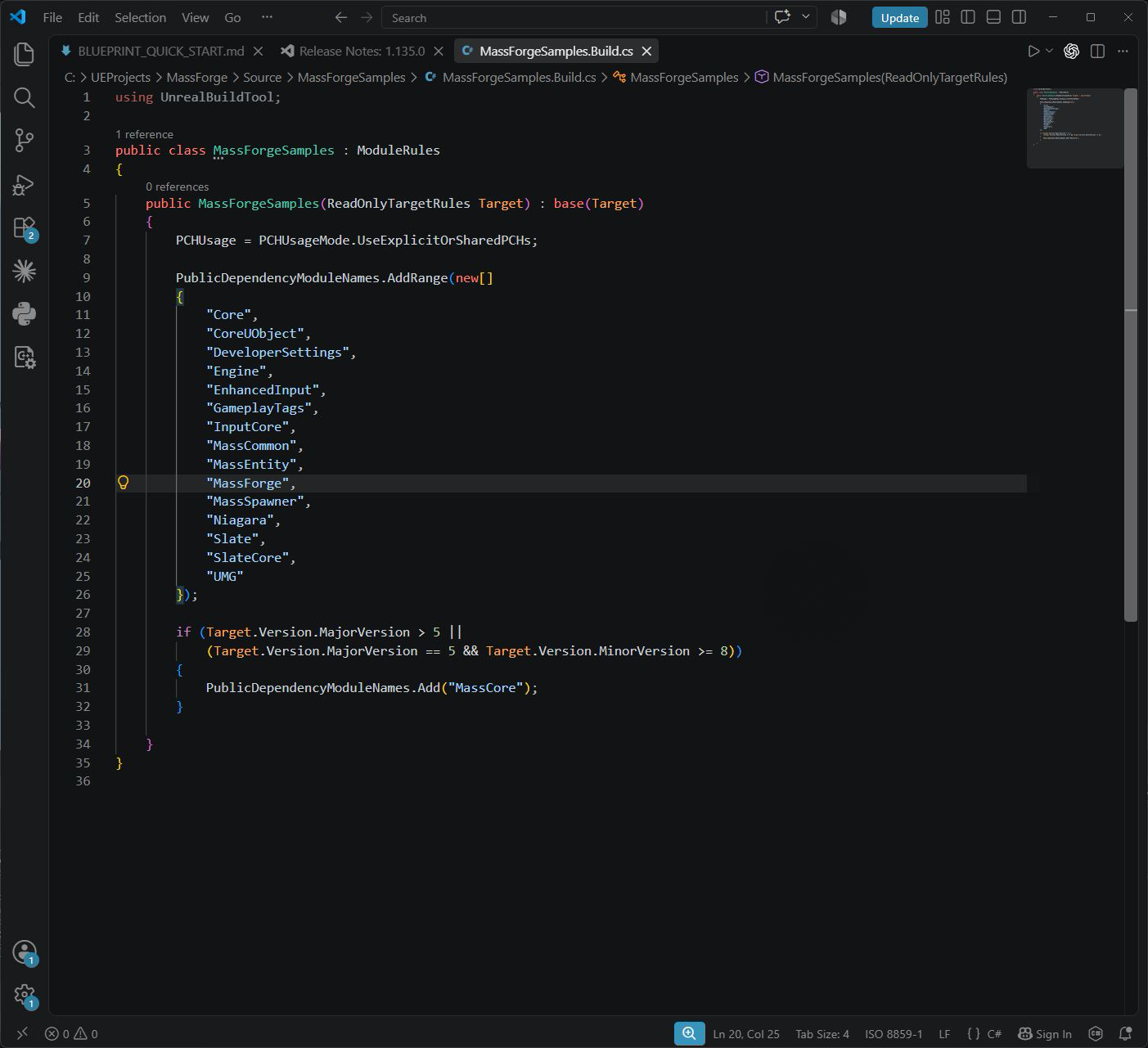 Visual Studio Code showing the MassForgeSamples Build.cs public dependency list with MassEntity, MassForge, and MassSpawner together
