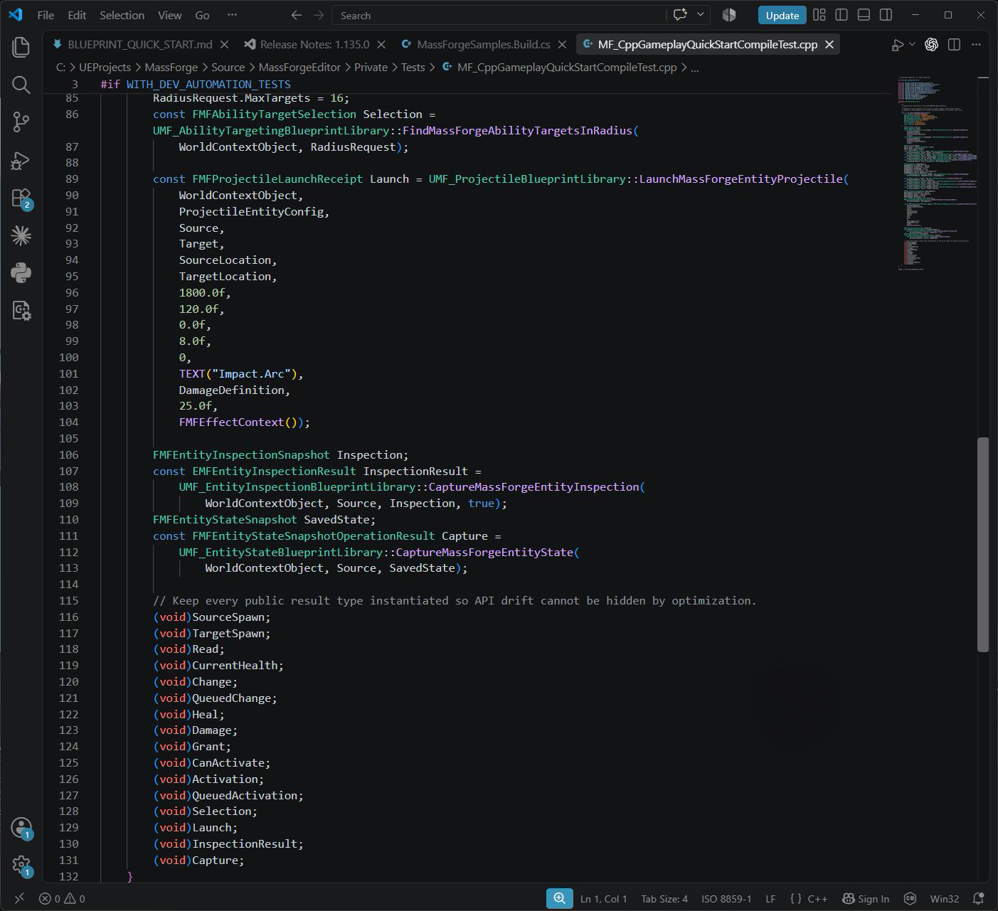 Visual Studio Code showing projectile launch beside entity inspection and entity-state snapshot capture in the public compile test