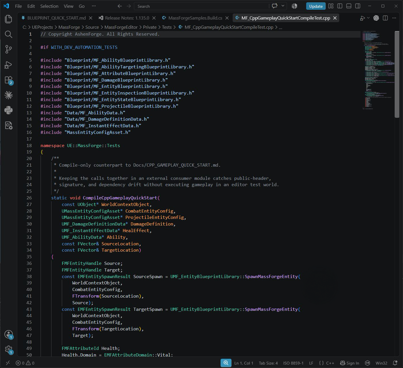 Visual Studio Code showing the public Mass Forge Blueprint-library includes and generation-safe entity handles in the compile-checked quick-start source