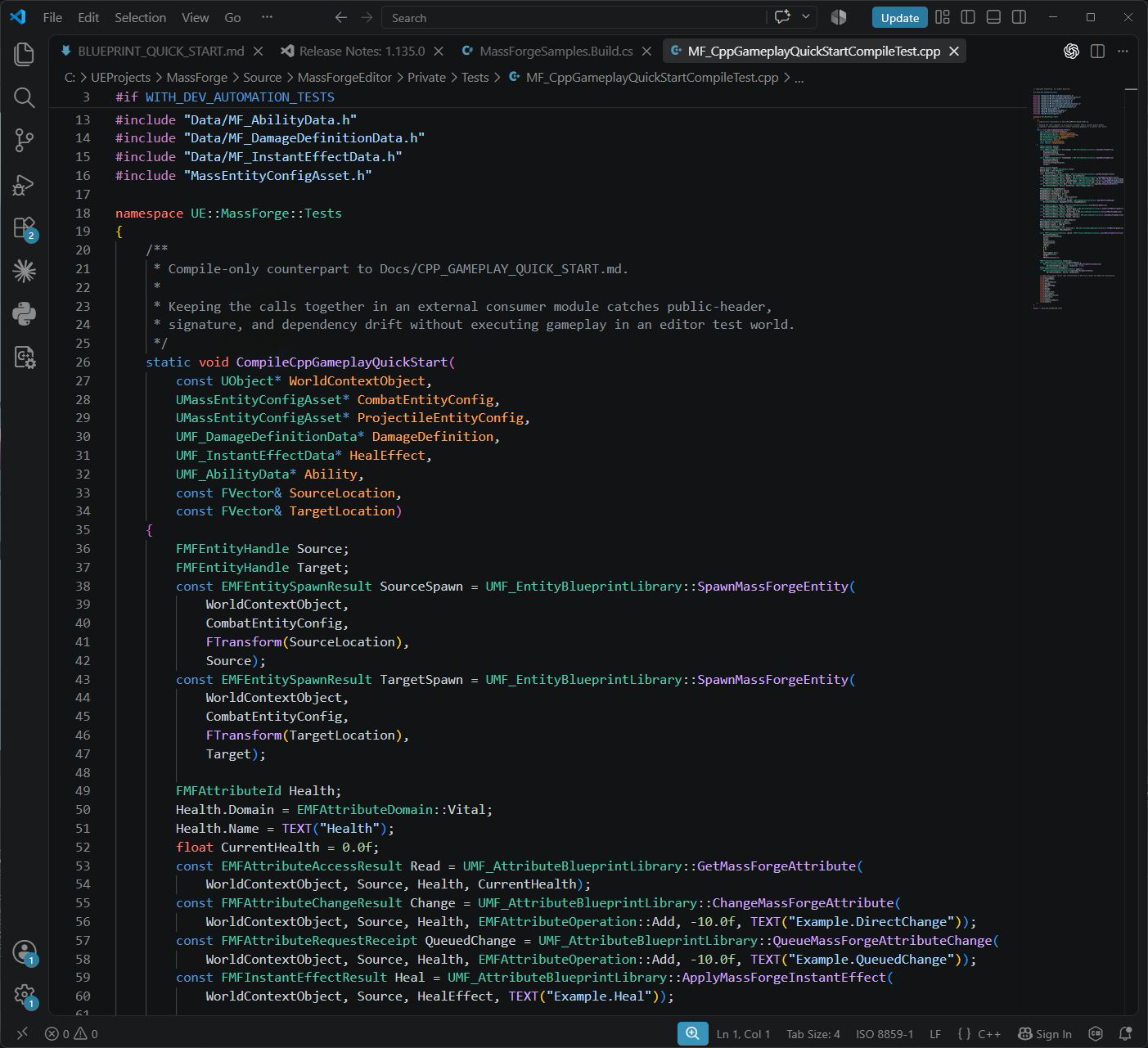 Visual Studio Code showing two SpawnMassForgeEntity calls returning explicit spawn enums and complete FMFEntityHandle values