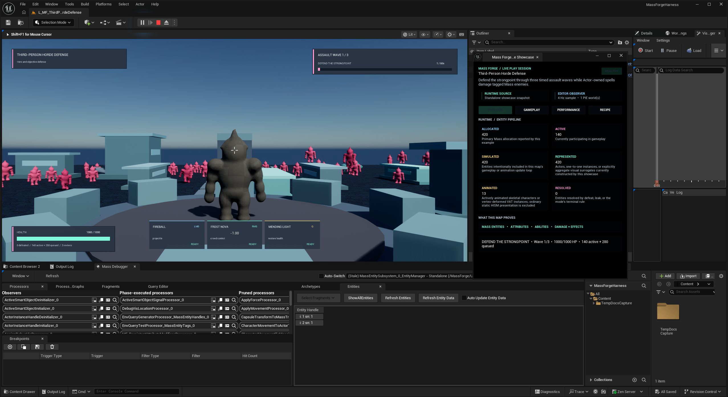 Live skeletal Third-Person Horde Defense at Wave 1 and one second from the fixed default camera, with the editor monitor showing population layers