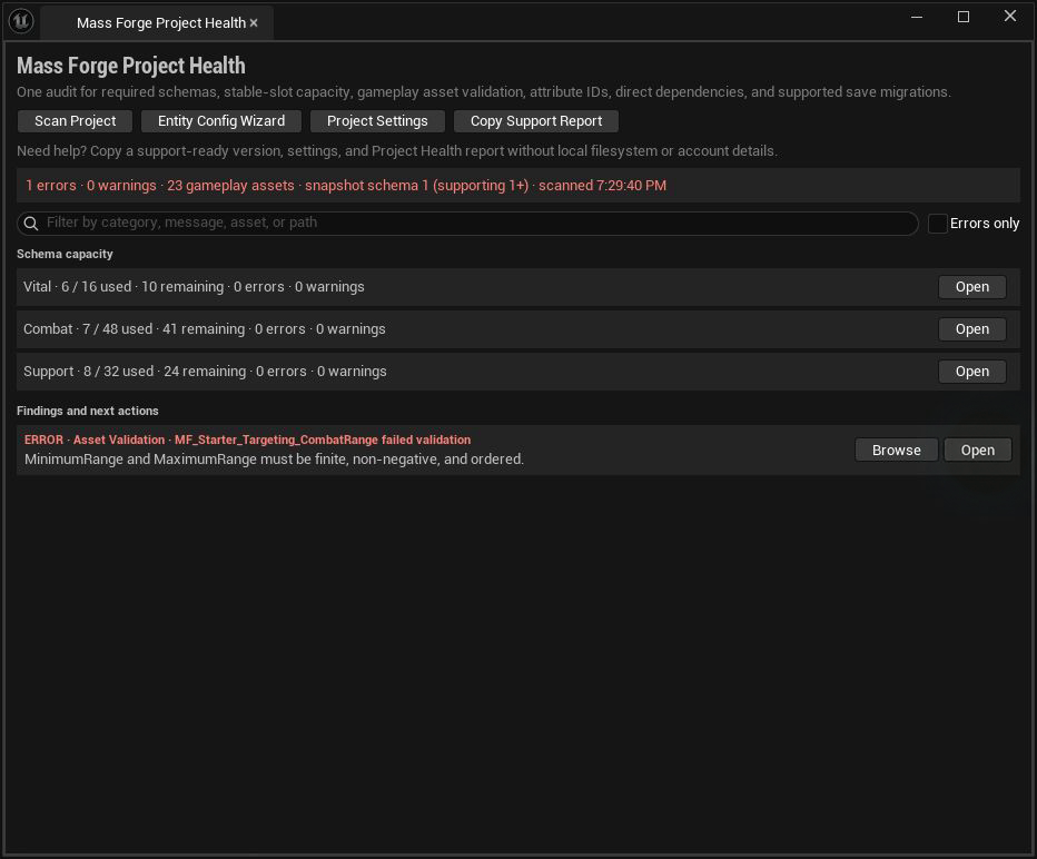 Project Health showing one concrete range-policy validation error with the Open action highlighted