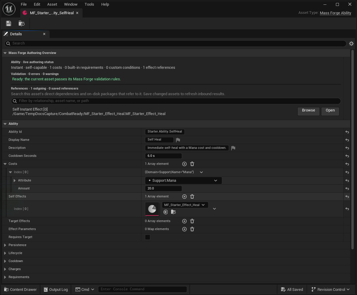 Self Heal ability asset showing a green authoring status, saved dependency, Mana cost, Heal effect, and cooldown