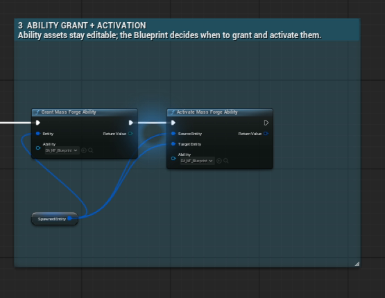 Blueprint close-up granting and activating a Mass Forge Ability on the same generation-safe entity handle