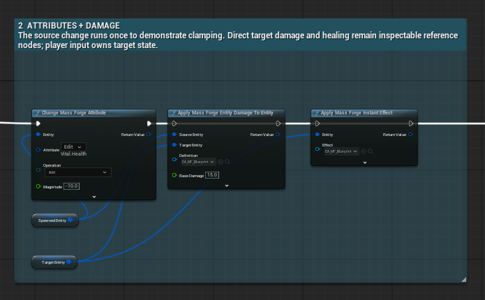 Blueprint close-up changing Vital.Health, applying entity-to-entity damage, and applying a reusable Instant Effect