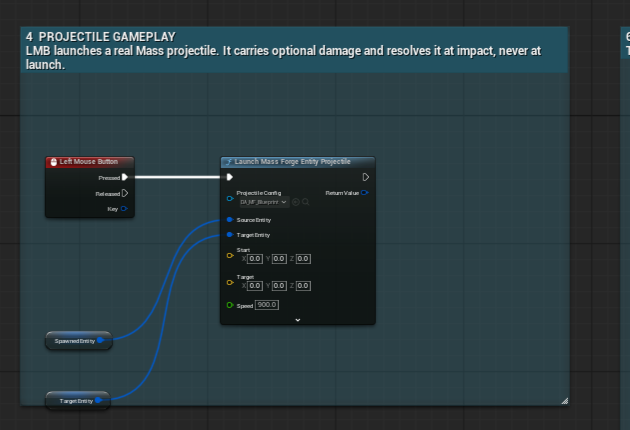 Blueprint close-up launching a Mass Forge entity projectile from Left Mouse Button with source and target handles plus start, target, and speed inputs
