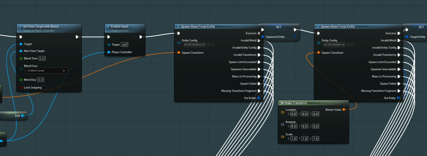 Blueprint close-up with two Spawn Mass Forge Entity nodes, explicit success and failure execution pins, and the returned source and target handles stored separately
