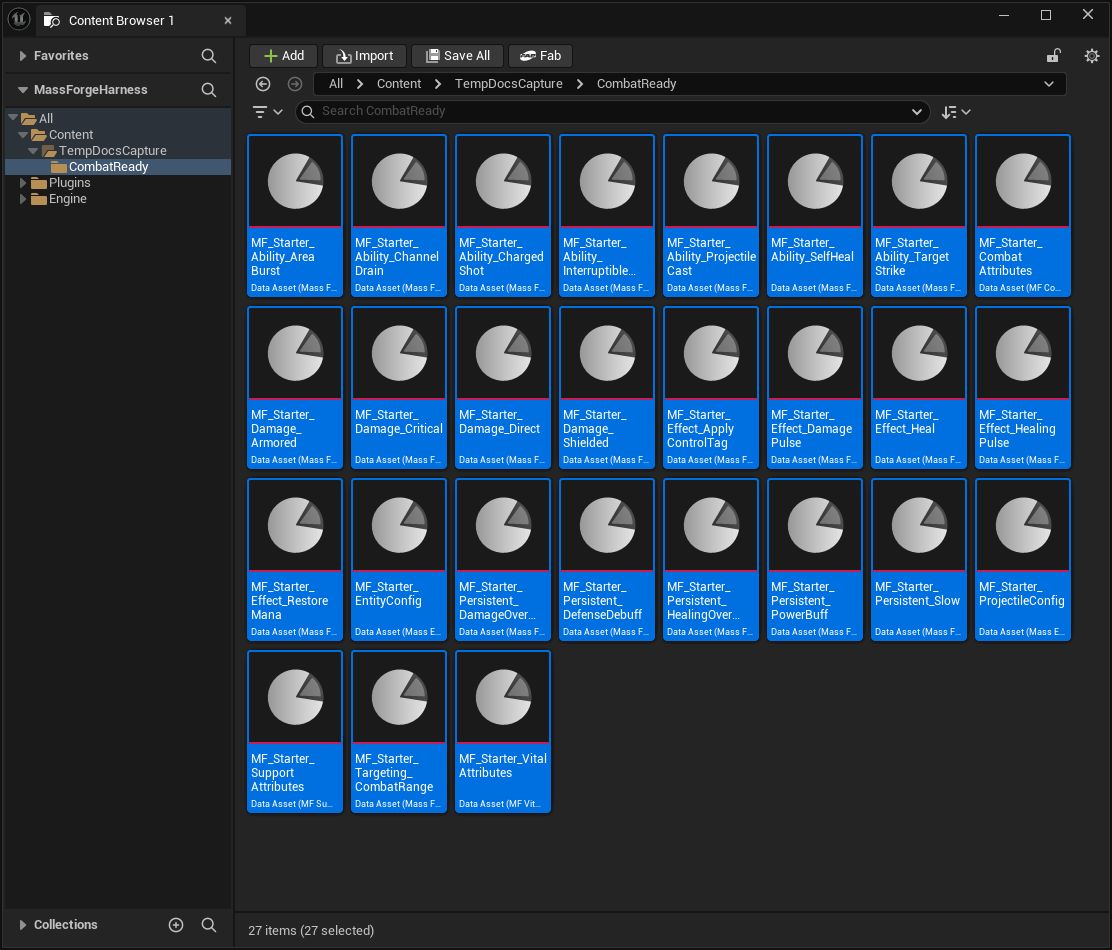Content Browser showing the 27 selected Combat Ready assets generated into project Content