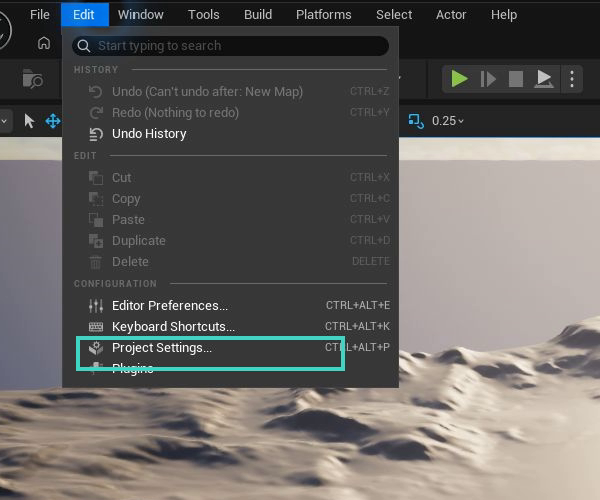 Unreal Editor Edit menu with Project Settings called out