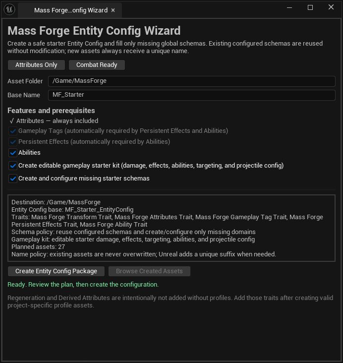 Mass Forge Entity Config Wizard with Combat Ready selected and the dependency-safe attribute, tag, effect, ability, starter-kit, and schema options visible