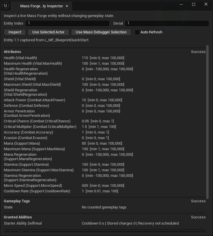 Mass Forge Entity Inspector showing a selected live handle, attributes with bounds, and the granted self-heal ability