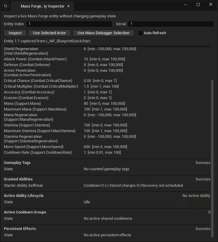 Lower Entity Inspector view showing Gameplay Tags, granted abilities, active ability lifecycle, cooldown groups, and persistent effects