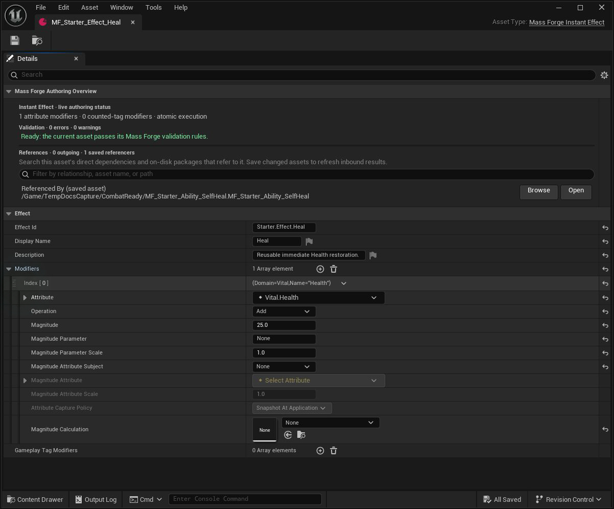 Heal Instant Effect showing its green validation state, inbound Self Heal ability reference, and Vital.Health Add 25 modifier