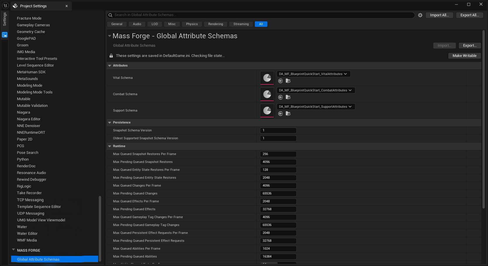 Mass Forge Global Attribute Schemas settings with Vital, Combat, and Support schema assets assigned