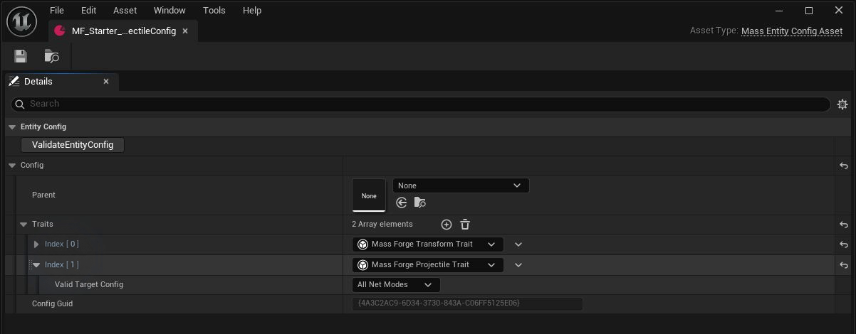 Projectile Mass Entity Config with the standard Transform trait and Mass Forge Projectile trait