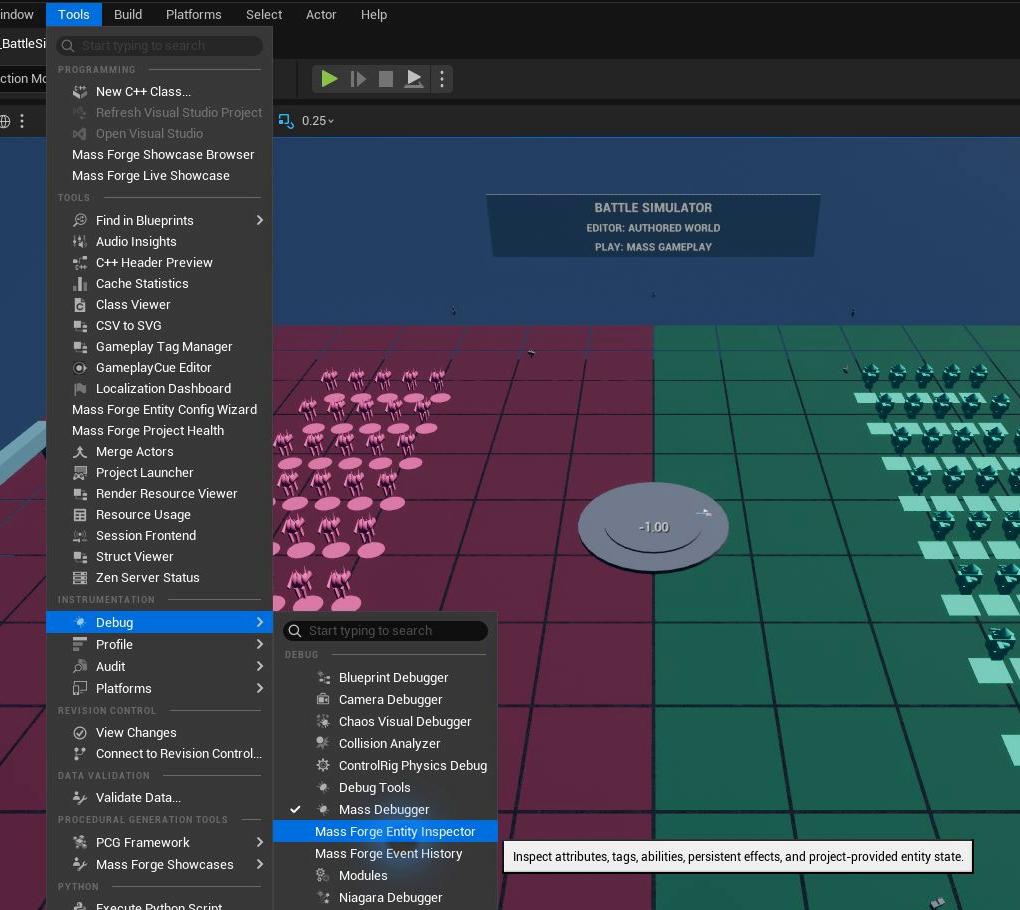 Unreal Editor Tools Debug submenu with Mass Forge Entity Inspector highlighted and its purpose shown in the tooltip