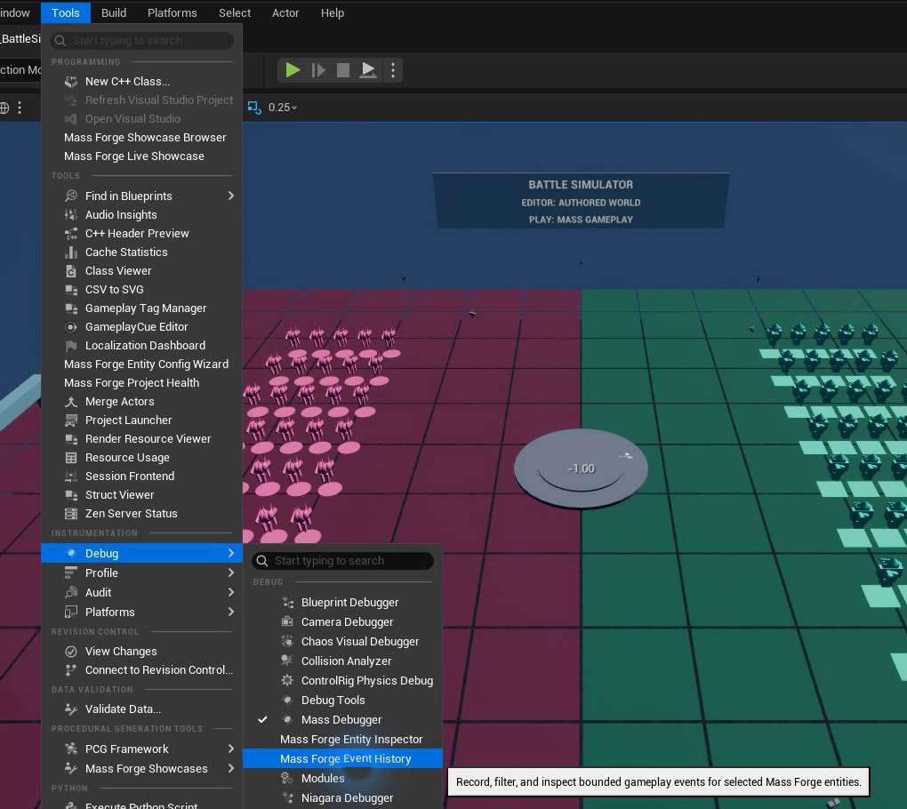 Unreal Editor Tools Debug submenu with Mass Forge Event History highlighted and its purpose shown in the tooltip