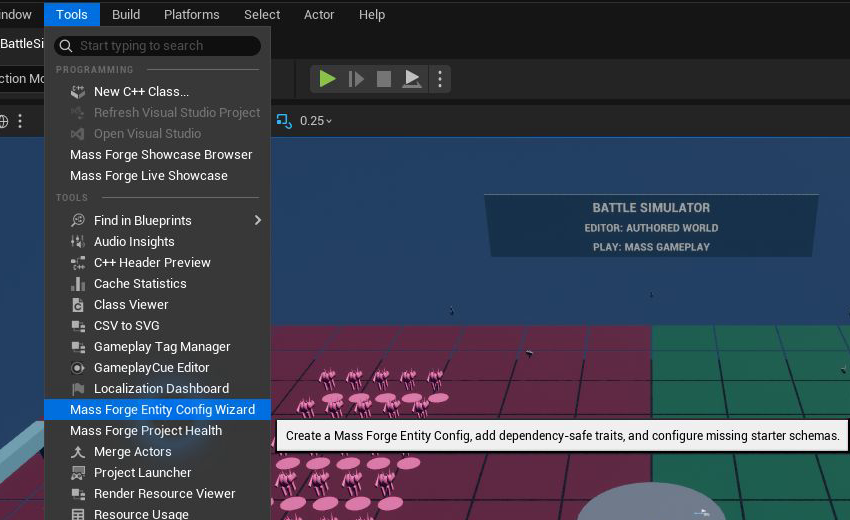 Unreal Editor Tools menu with Mass Forge Entity Config Wizard called out