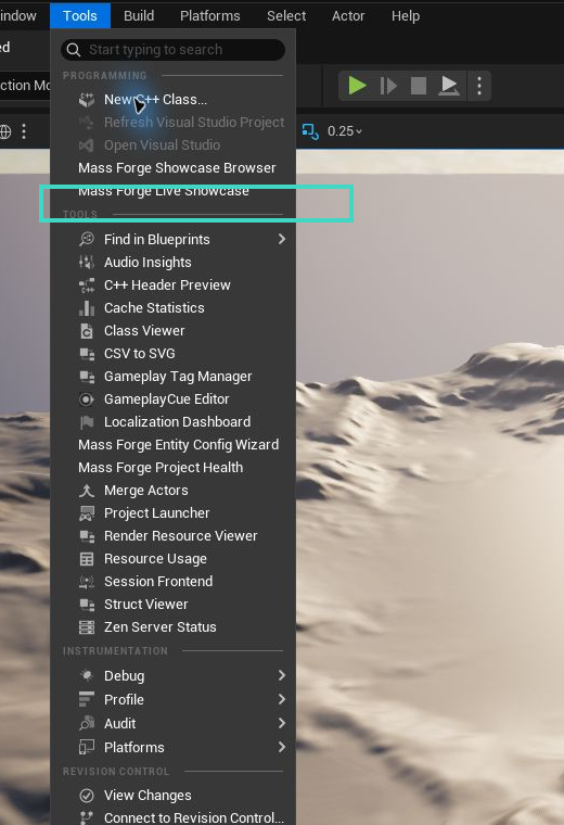 Unreal Editor Tools menu with Mass Forge Live Showcase called out