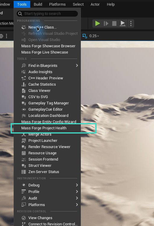 Unreal Editor Tools menu with Mass Forge Project Health called out