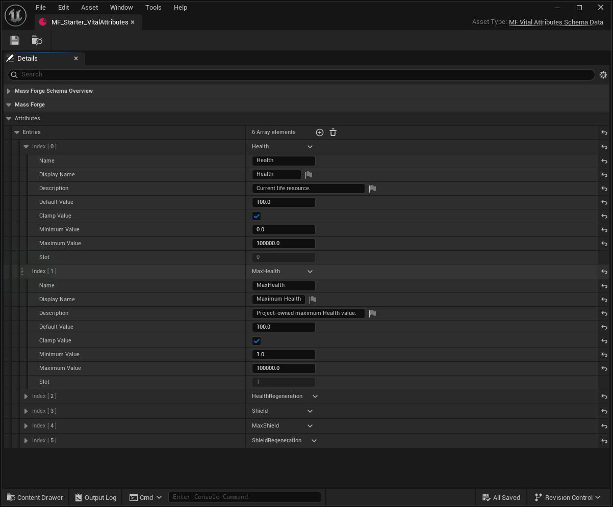 Vital schema Health and MaxHealth entries expanded with names, descriptions, defaults, clamps, bounds, and stable slots