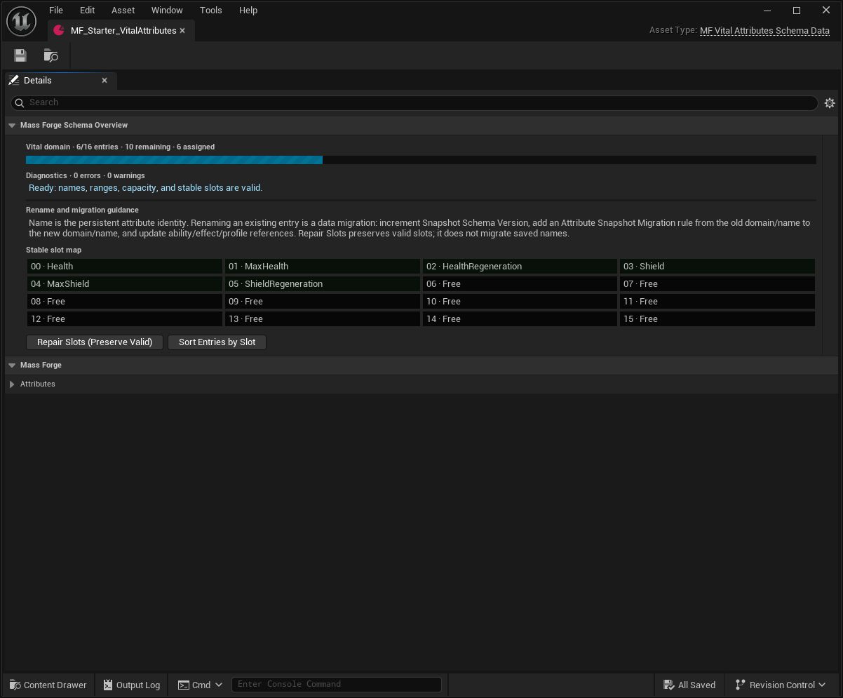 Vital schema overview showing six assigned entries, remaining capacity, clean diagnostics, and the stable slot map
