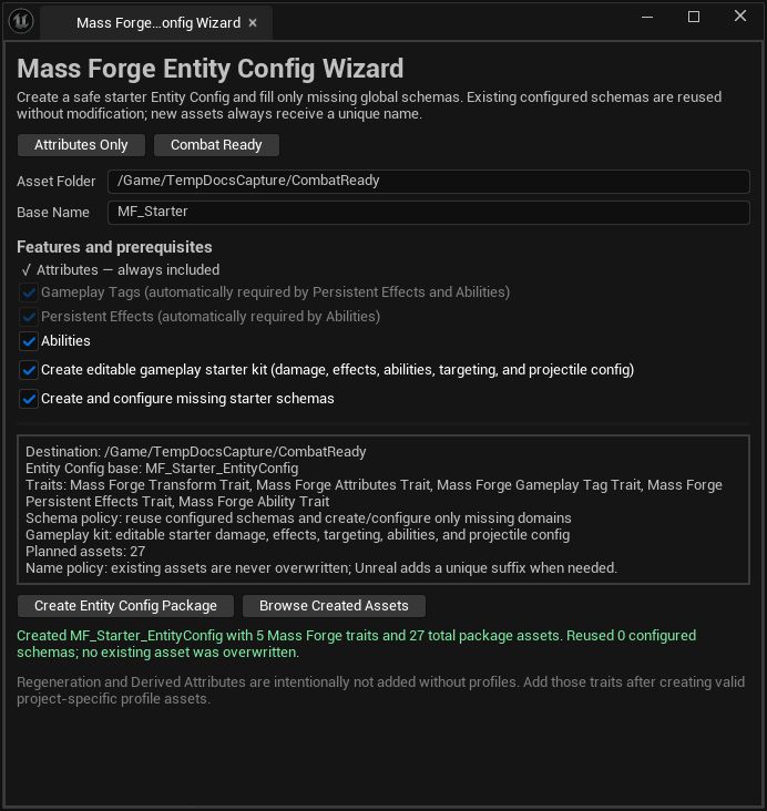 Mass Forge Entity Config Wizard reporting a successful Combat Ready package with five required traits and 27 generated assets