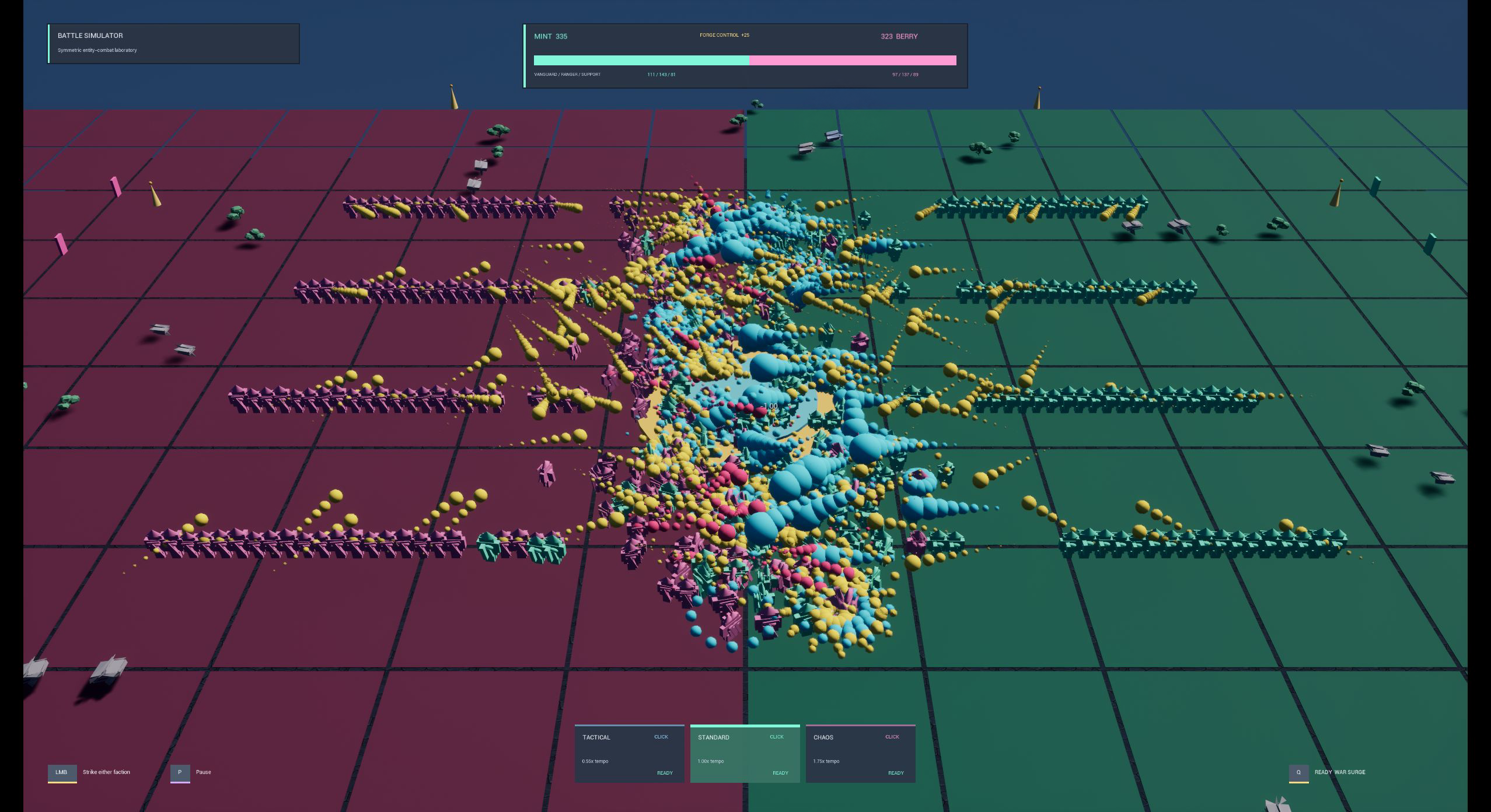 Two Mass Forge armies resolving a live battle with hundreds of visible units, Mass projectiles, formation roles, surviving-unit totals, and combat pacing controls
