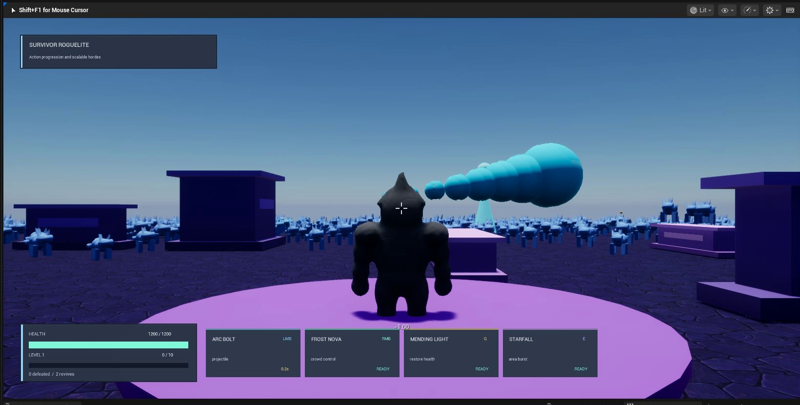 Survivor Roguelite in Play with an automatic Arc Bolt projectile crossing the arena toward a large active enemy population