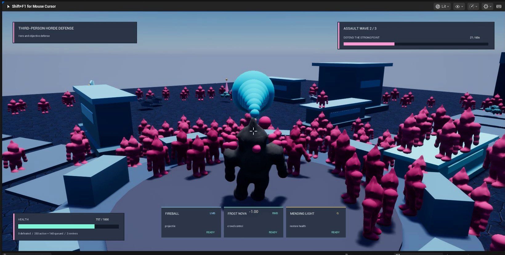 Third-Person Horde Defense in Play with a visible Mass projectile traveling through a dense horde toward the defended strongpoint