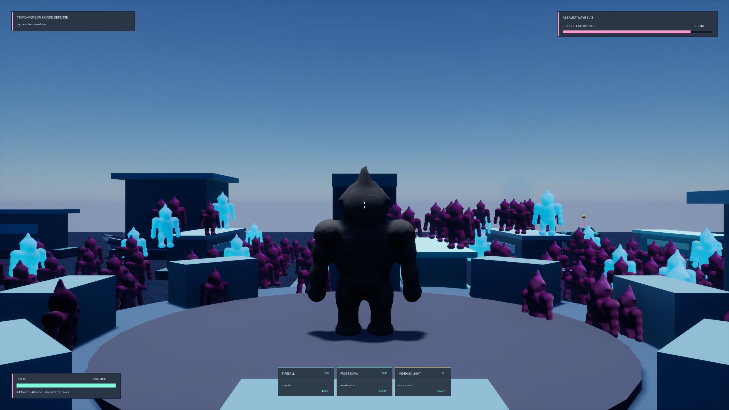 Third-Person Horde Defense VAT running during assault wave three with one rigged player and a batched purple and cyan enemy crowd