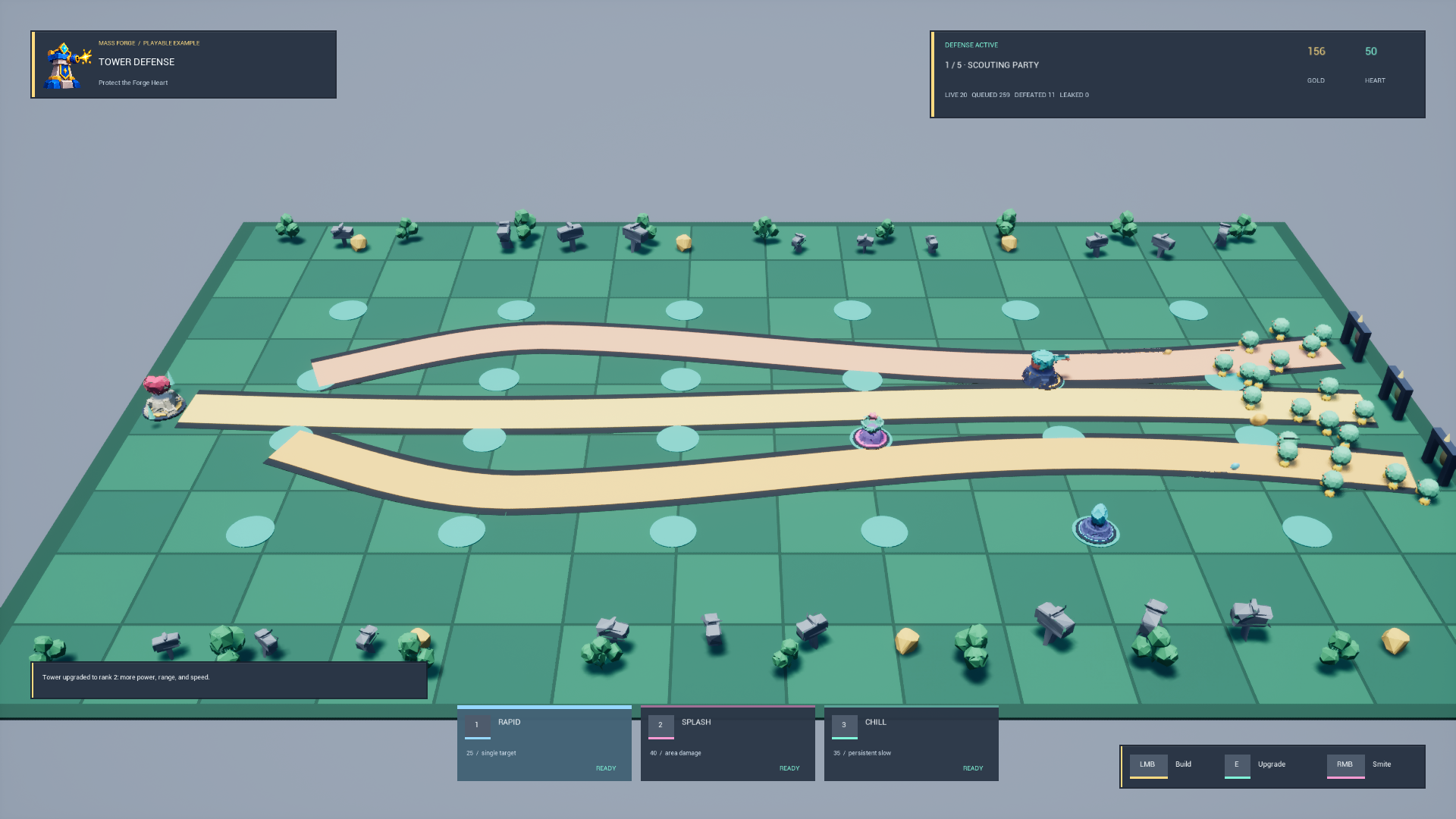 Tower Defense running with three routes, placed rapid, splash, and chill towers, incoming Mass enemies, economy, base health, and concise build controls